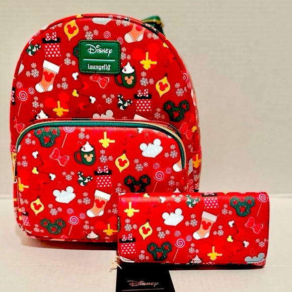 Loungefly Disney NWT Mickey Holiday Sweets & Treats Mini Backpack & Wallet - Picture 1 of 9